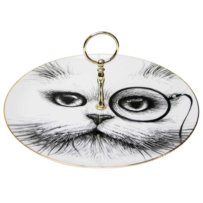 Cat with monocle on the left eye in ink design on white fine bone china one tier cake stand in 22 carat detailing