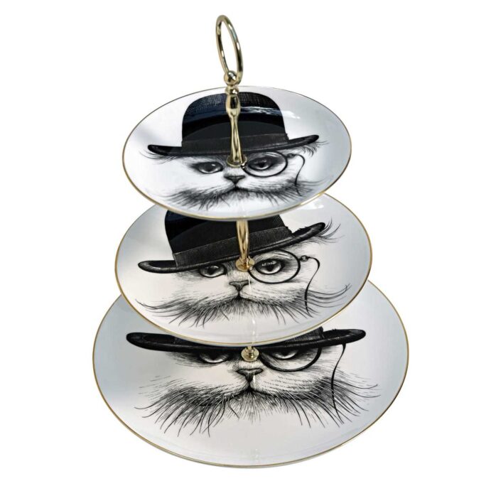 Cat wearing a hat in ink design on white fine bone china three tier cake stand with 22 carat detailing