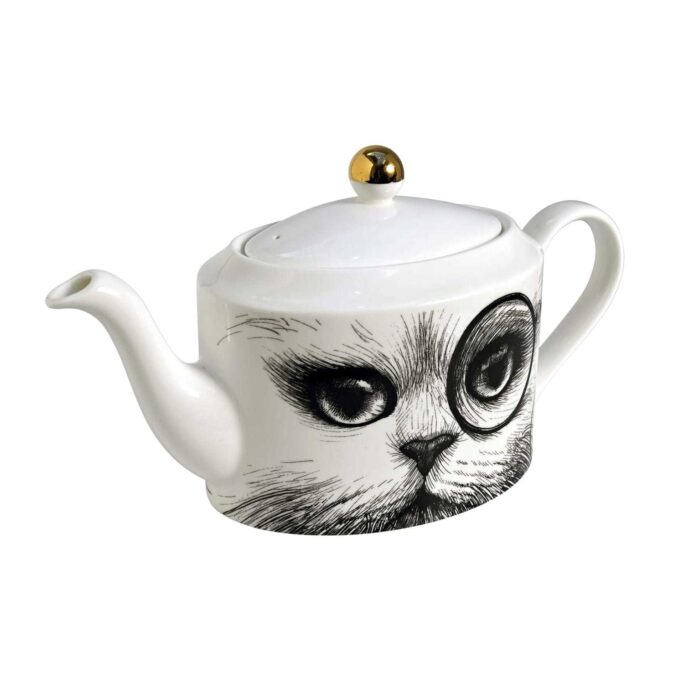 Fine Bone China decorated with Cat Monocle Intricate Ink Design one side and Cat No Monocle the other. Handpainted with 22 carat gold.