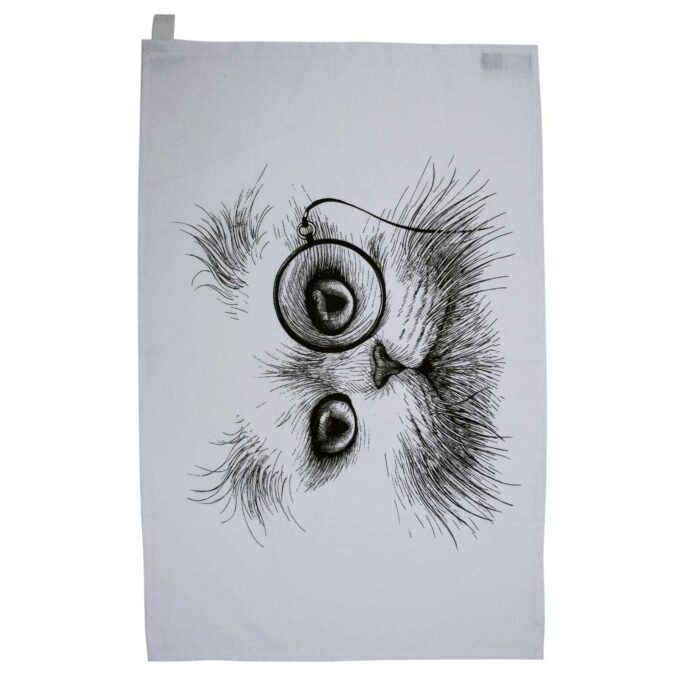 Portrait of the cat with monocle on the left eye in ink design on tea towel
