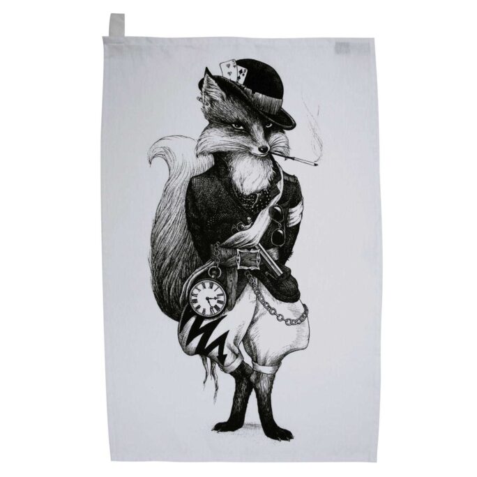 Fox wearing hat and a suit wearing a hat ink design on tea towel
