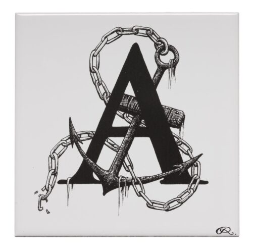 White ceramic Anchor"s Away Tile. Each tile is hand decorated with a unique Intricate Ink Illustration telling each letter’s story.