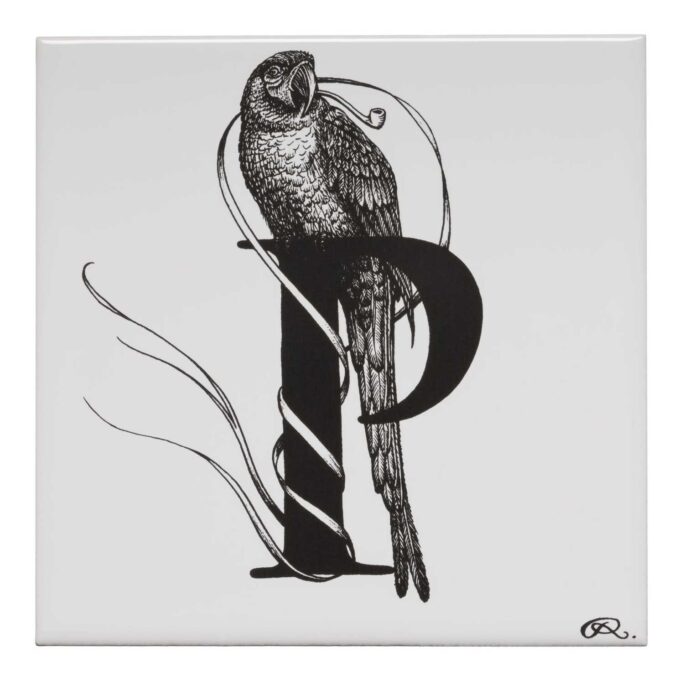 White ceramic Puffin" Parrot Tile. Each tile is hand decorated with a unique Intricate Ink Illustration telling each letter’s story.