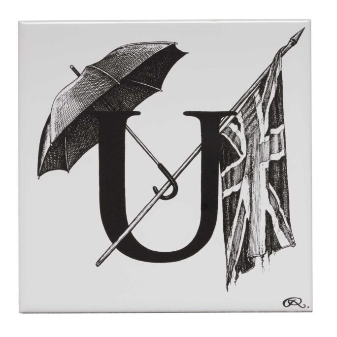 White ceramic Union of Umbrellas Tile. Every tile is hand decorated with a unique Intricate Ink Illustration telling each letter’s story.