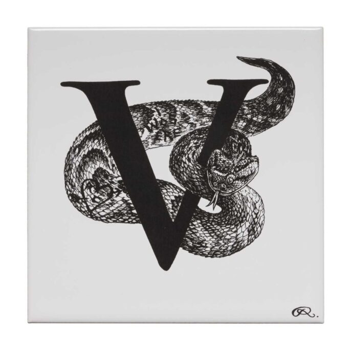 White ceramic Vandalised Viper Tile. Every tile is hand decorated with a unique Intricate Ink Illustration telling each letter’s story.