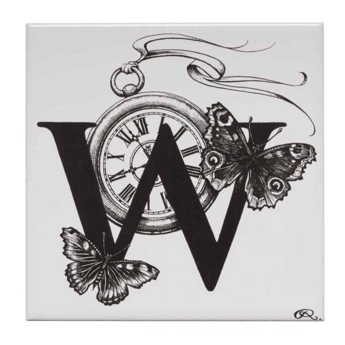 White ceramic Winged Watch Tile. Every tile is hand decorated with a unique Intricate Ink Illustration telling each letter’s story.