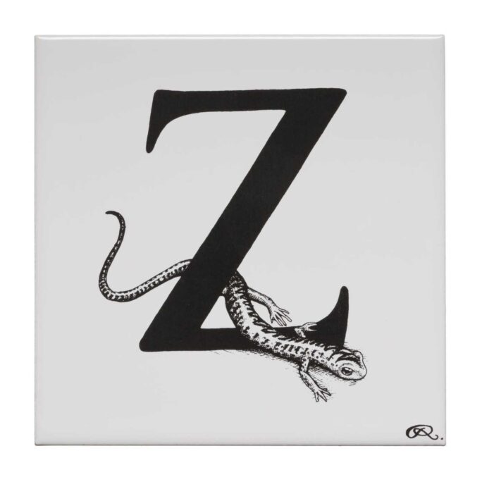 White ceramic Zig Zag Salamander Tile. Every tile is hand decorated with a unique Intricate Ink Illustration telling each letter’s story.