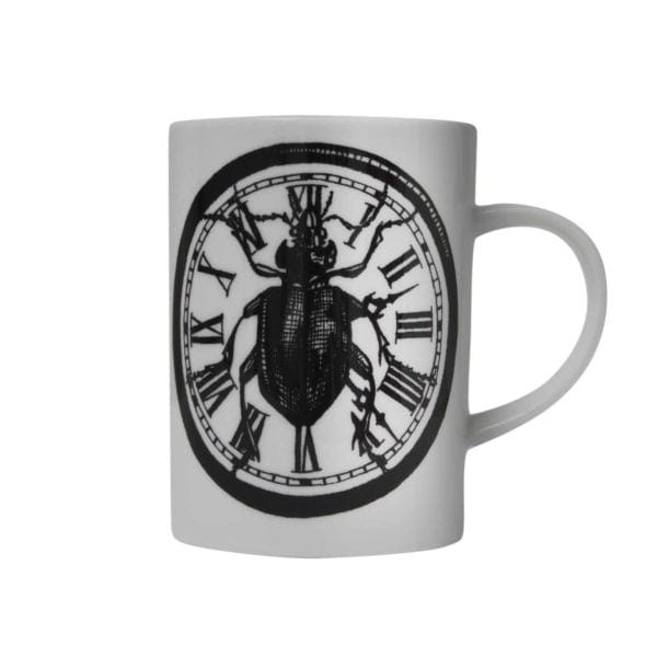 clock with the beetle in the middle ink design on white fine bone china mug