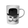 Cat wearing top hat with monocle in ink design on white fine bone china mug