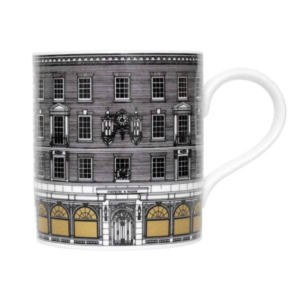 Beautiful buildings in ink design on white fine bone china mug