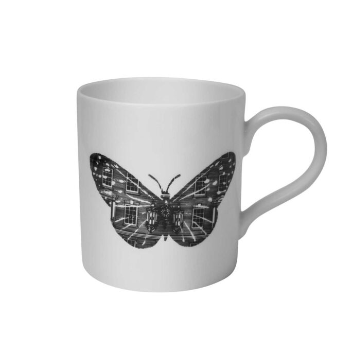 Butterfly in black ink on white fine bone china mug