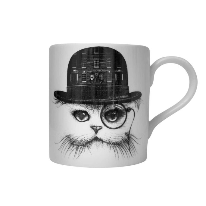Cat in Top Hat with monocle ink design in ink design on white fine bone china mug