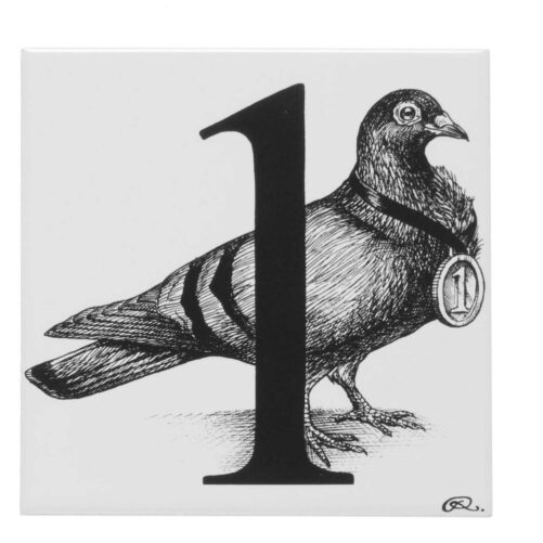 White ceramic Number One Prize Pigeon tile. Every tile is hand decorated with a unique Intricate Ink Illustration telling each letter’s story