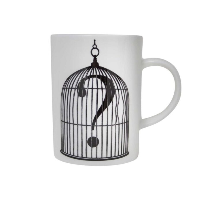 Birdcage with question mark inside ink design on white fine bone china mug