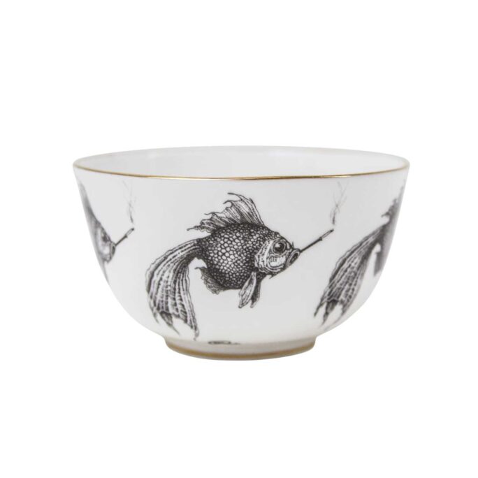 Fish smoking a cigarette in ink design on white fine bone china bowl with 22 carat detailing