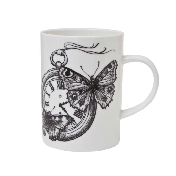 Clock with two butterflies ink design on white fine bone china mug