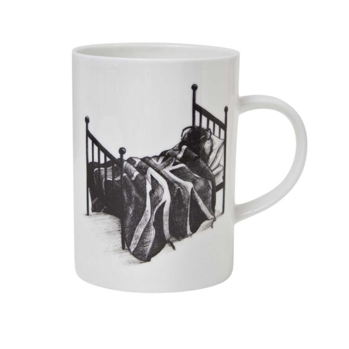 Bee lying in bed covered in english flag in ink design on white fine bone china mug