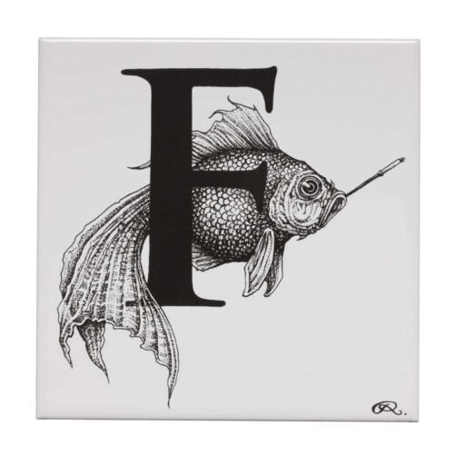 White ceramic Fish On A Fag Break Tile. Every tile is hand decorated with a unique Intricate Ink Illustration telling each letter’s story.