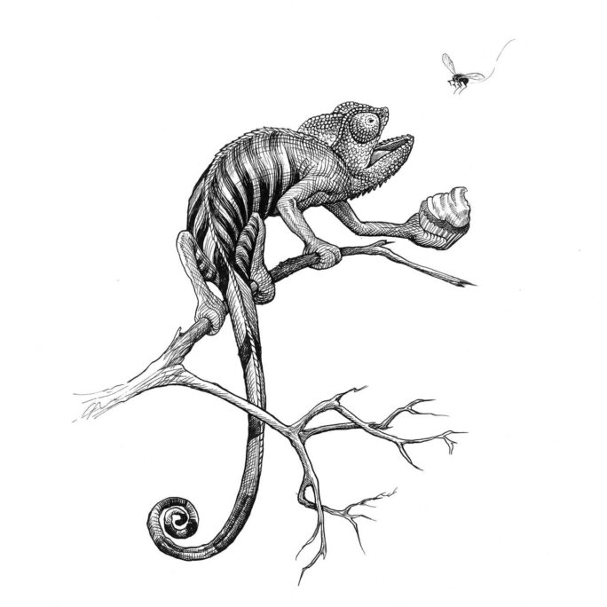 Cheeky Chameleon Clutching a Cherry Cupcake Intricate Ink Print-0