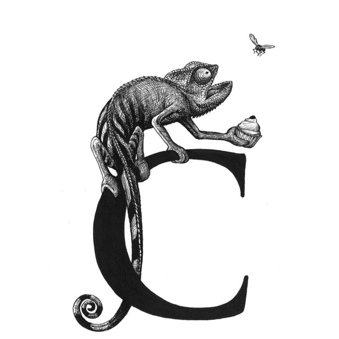 C - Cheeky Chameleon Clutching a Cherry Cupcake Intricate Ink Print-0
