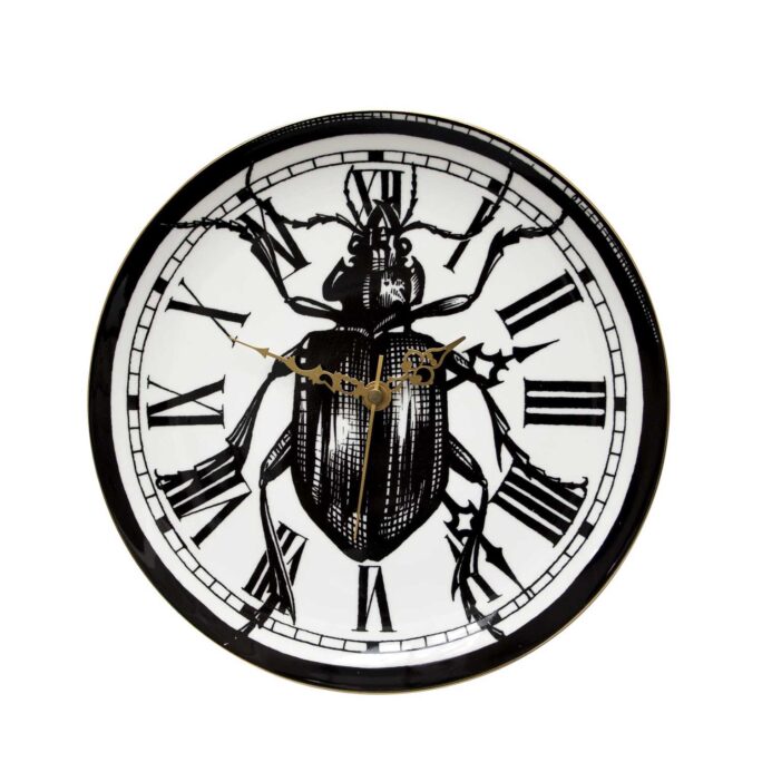 White Fine Bone China Beetle Clock, with brass battery operated mechanism. Available in all of our Perfect Plates. Made in England