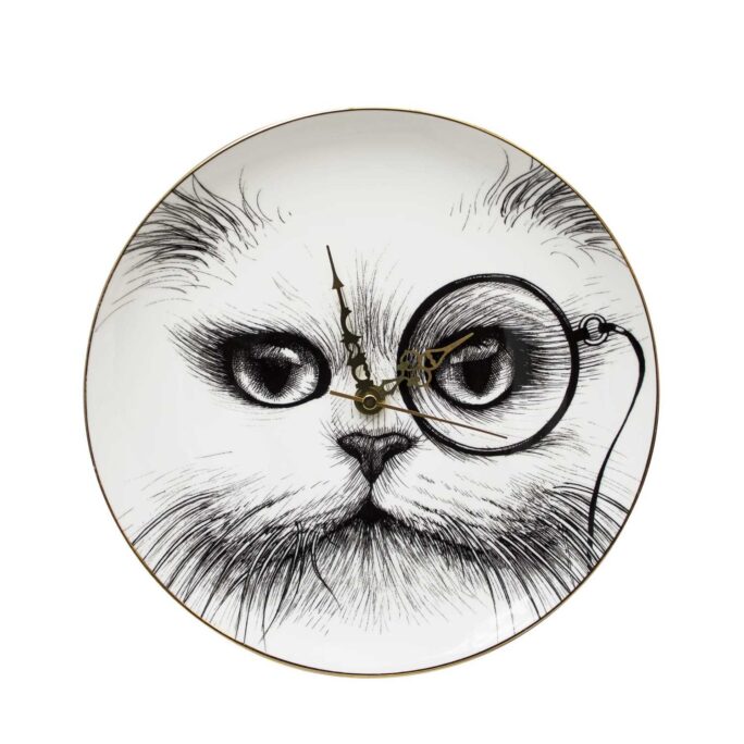 White Fine Bone China Cat Monocle Clock, with brass battery operated mechanism. Available in all of our Perfect Plates. Made in England