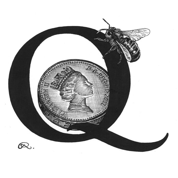 Q - Queen Bee on a Quid Intricate Ink Print-0