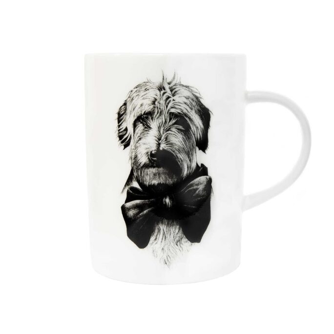 Dog with a bow ink design on white fine bone china mug