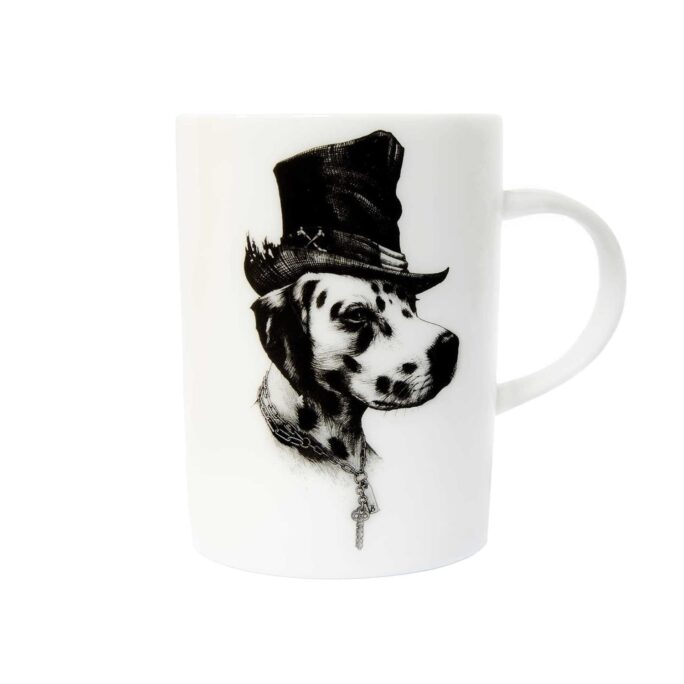 Dog in top hat ink design on white fine bone china mug