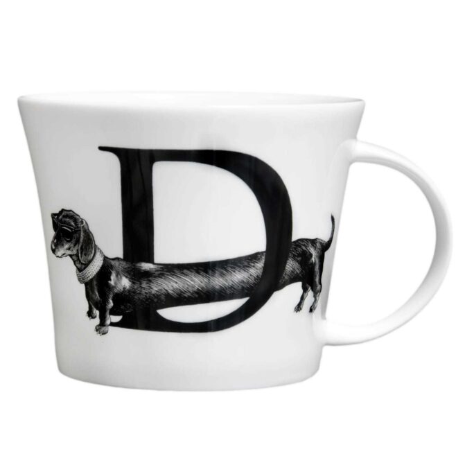 D letter with dog across it in ink design on white bone china mug