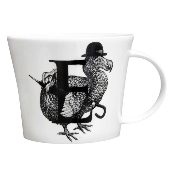 e letter with bird wearing hat in ink design on white bone china mug