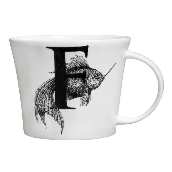 F letter in jet black with the fish smoking a fag across it in ink design on white bone china mug