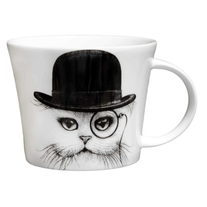Cat wearing a top hat with a monocle on right eye in ink design on white bone china