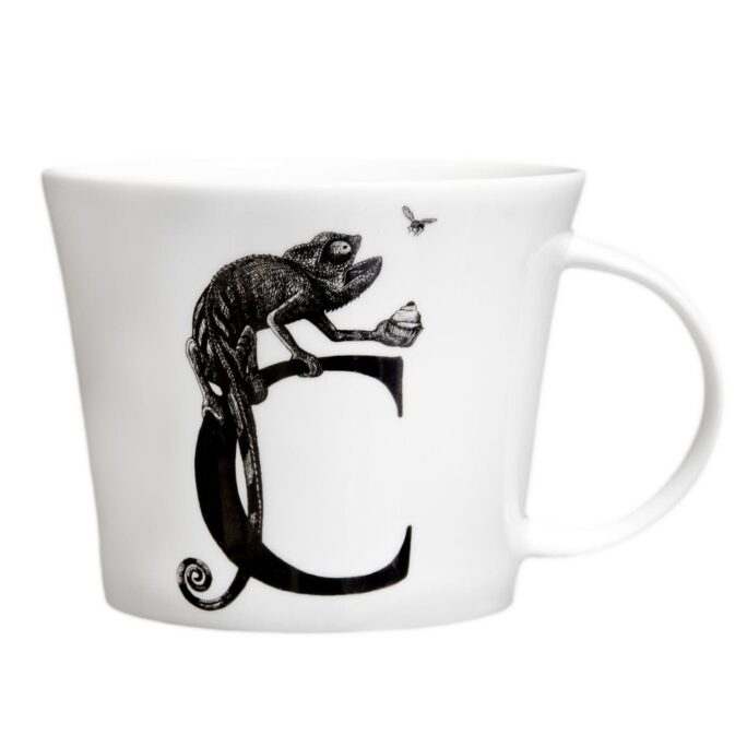 Letter C with chameleon sitting on top catching an insect in ink design on white fine bone china mug