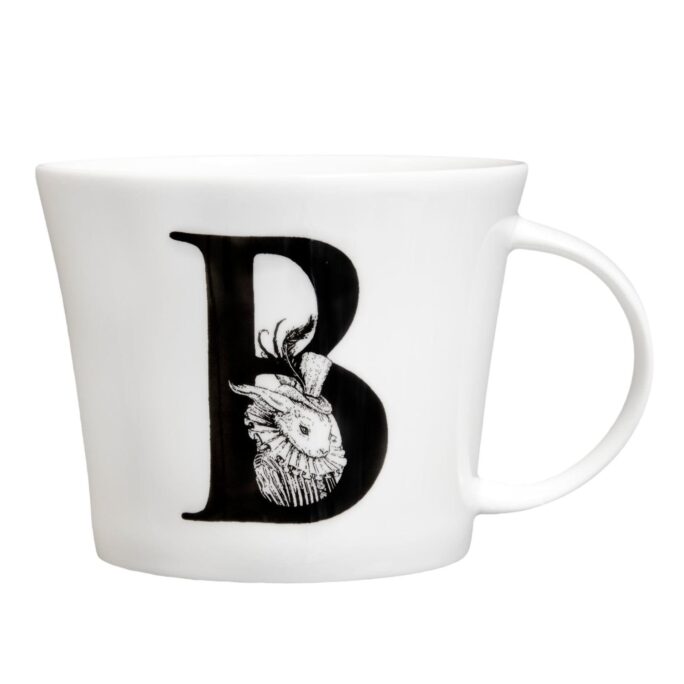B letter with the bunny in ink design on white bone china mug