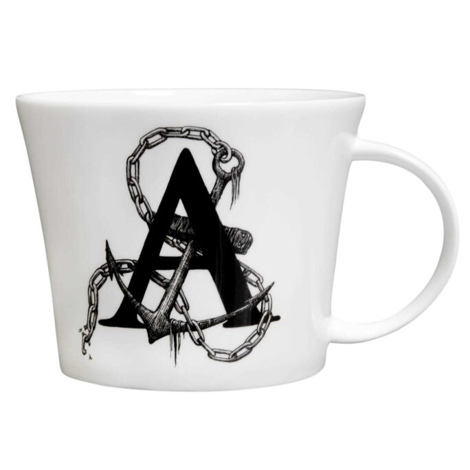 A letter with an Anchor around it in ink design on white bone china