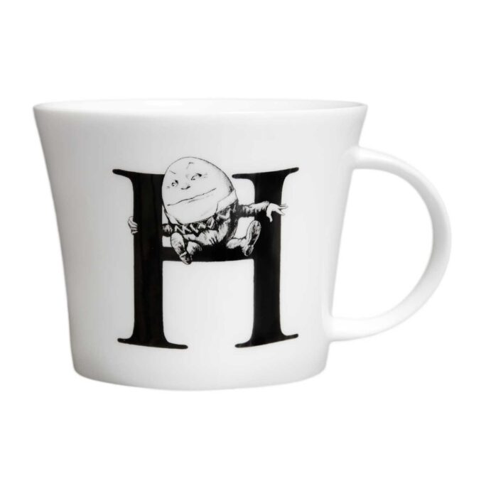 Letter H with the humpty holding on to it in ink design on white fine bone china mug