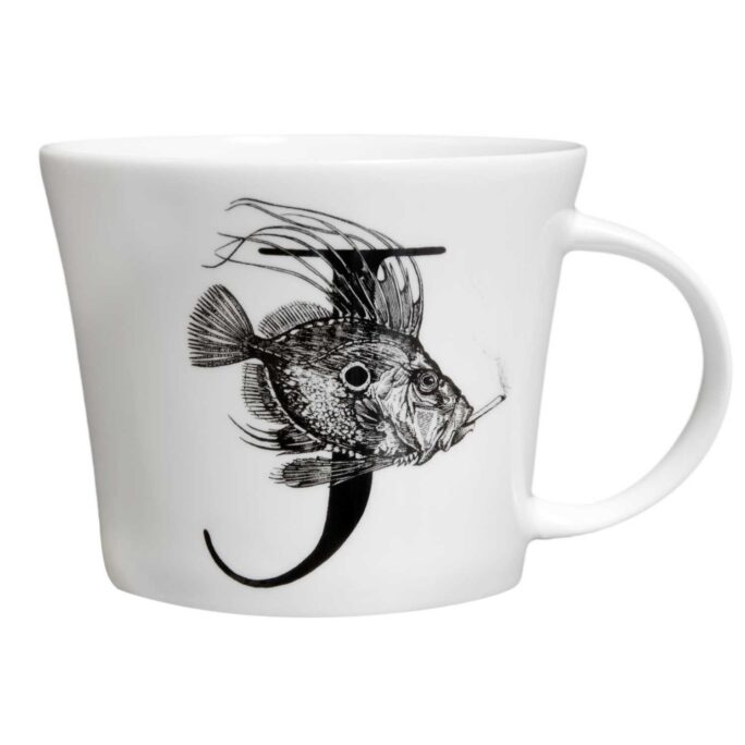 Letter J with the fish in ink design on white fine bone china mug
