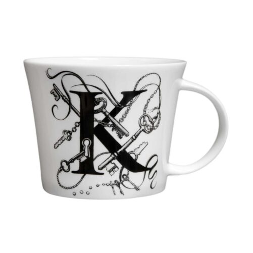 letter K with keys and keychains around it, in ink design on white fine bone china mug