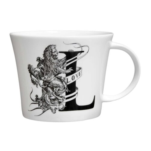 Letter L with Lionel Lion next to it and love wrapped around it in ink design on white fine bone china mug