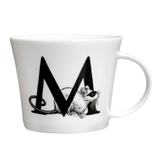M letter with the mouse wearing mask in ink design on white bone china mug