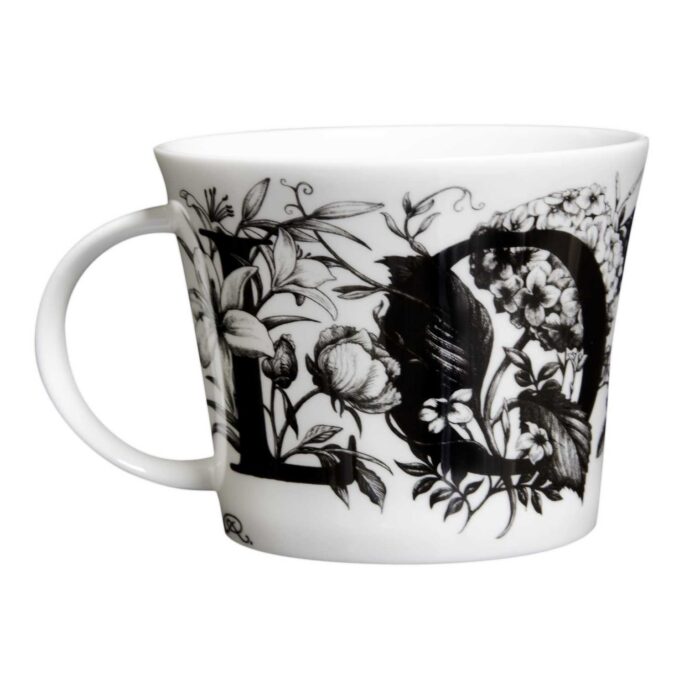 Love written on the mug in gothic style in black in design on a fine bone china