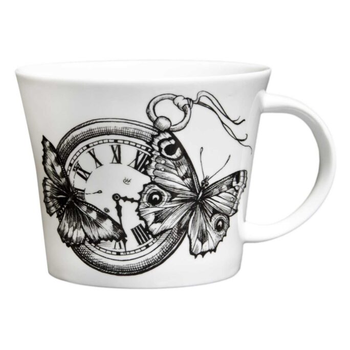 Clock with butterflies on each side in black ink design on white bone china mug