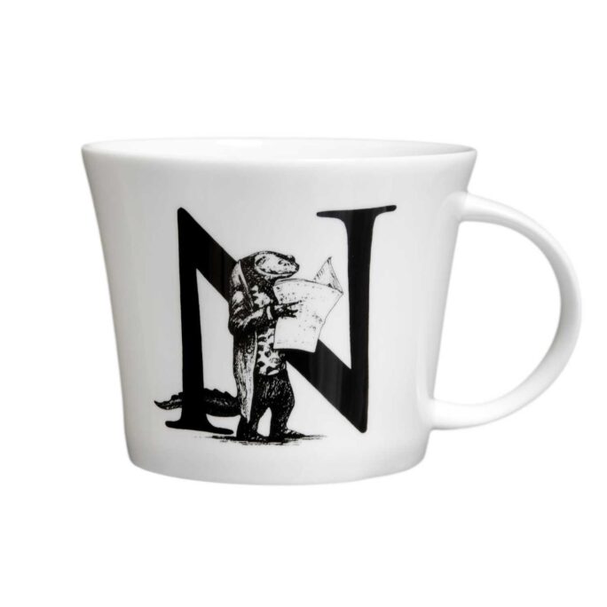 N letter and Newt With Newspaper in ink design on white fine bone china mug