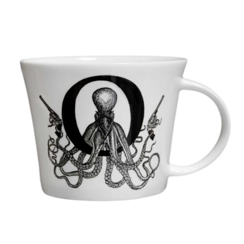O letter with an octopus holding guns in ink design on white bone china mug