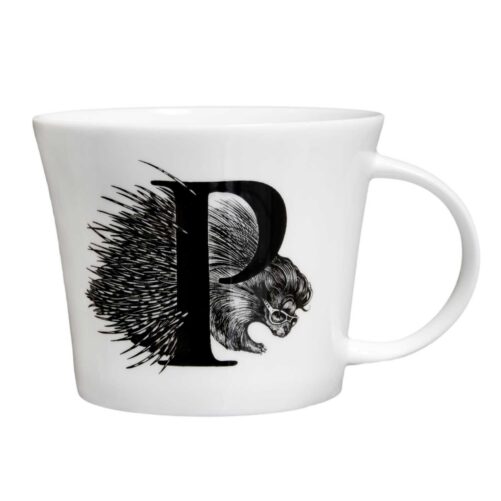 Letter P with Porcupine behind it in ink design on white fine bone china mug