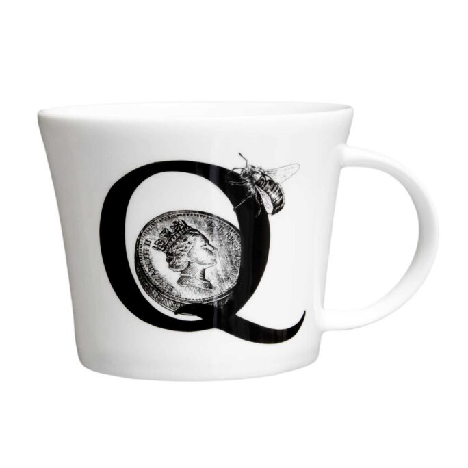 Letter Q with a pound coin and a bee wearing a crown in ink design on white bone china mug