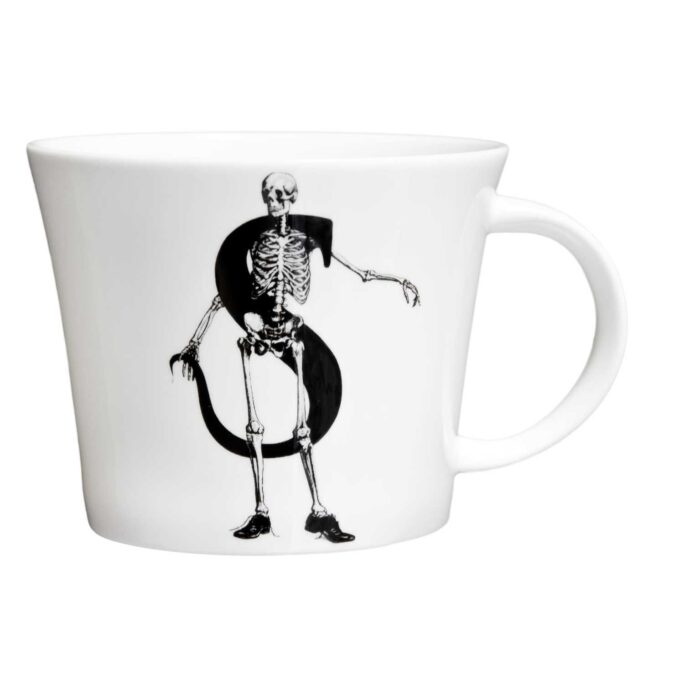 Letter S and Skeleton standing in Shiny Shoes in ink design on white bone china mug