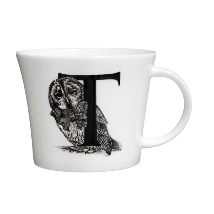 T letter with an owl in ink design on white fine bone china mug