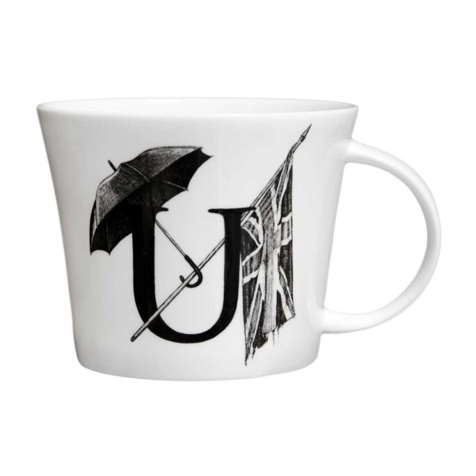 U letter with black umbrella holding UK flag in ink design on white fine bone china mug